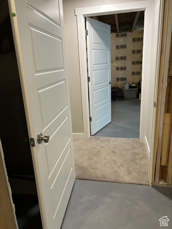 Hallway featuring concrete floors and carpet floors
