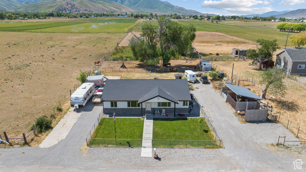 Overview of rural landscape featuring a mountain backdrop