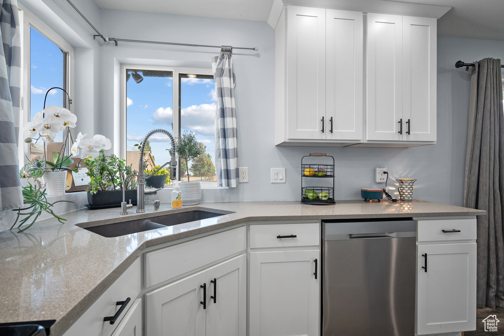 Kitchen featuring stainless steel dishwasher, a sink, plenty of natural light, and white cabinets