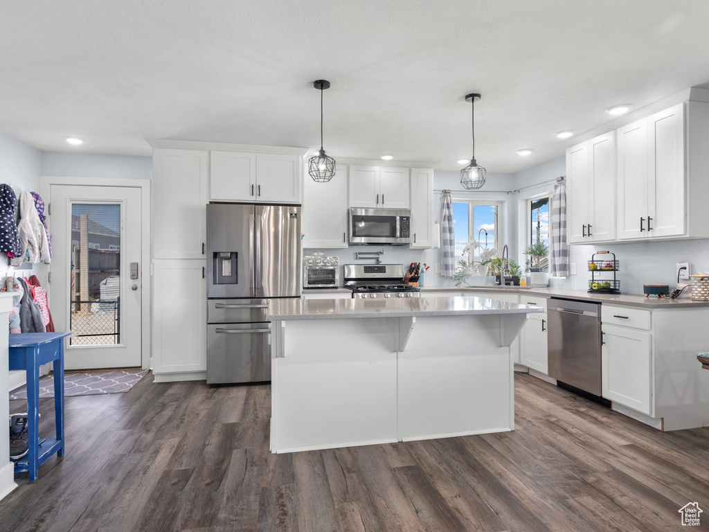 Kitchen featuring appliances with stainless steel finishes, dark wood-type flooring, white cabinetry, and recessed lighting
