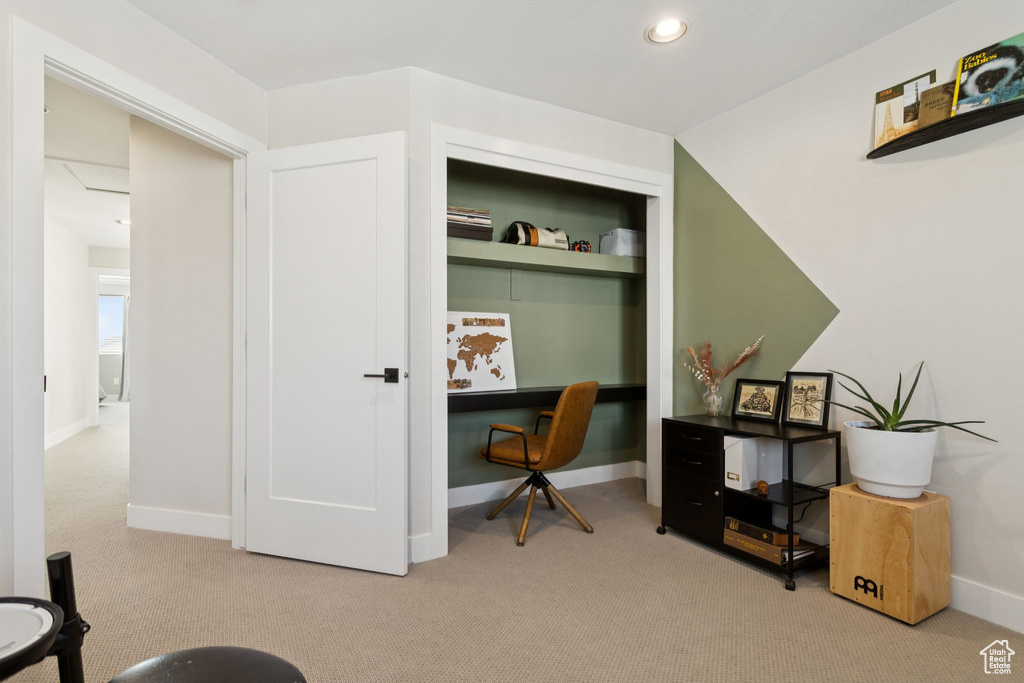 Office featuring carpet, baseboards, and recessed lighting