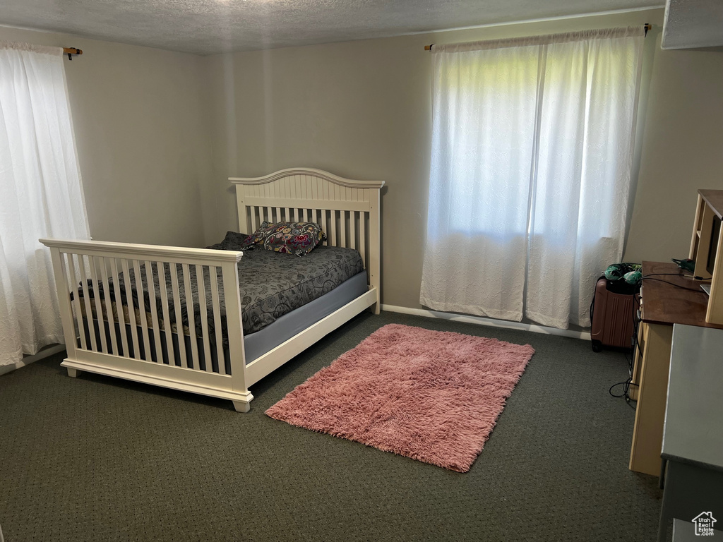 Bedroom with carpet, multiple windows, and a textured ceiling