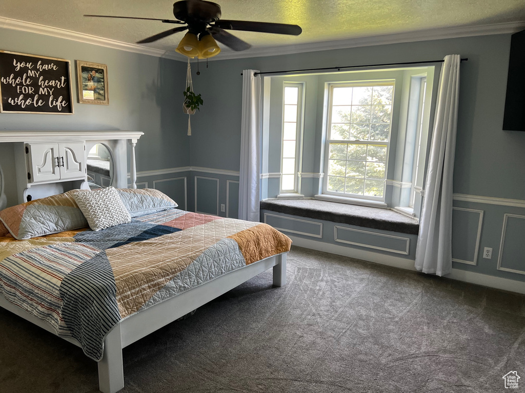 Carpeted bedroom featuring crown molding, a wainscoted wall, and a ceiling fan