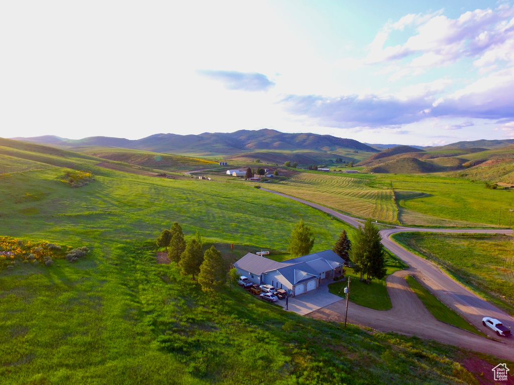 Overview of rural landscape featuring mountains