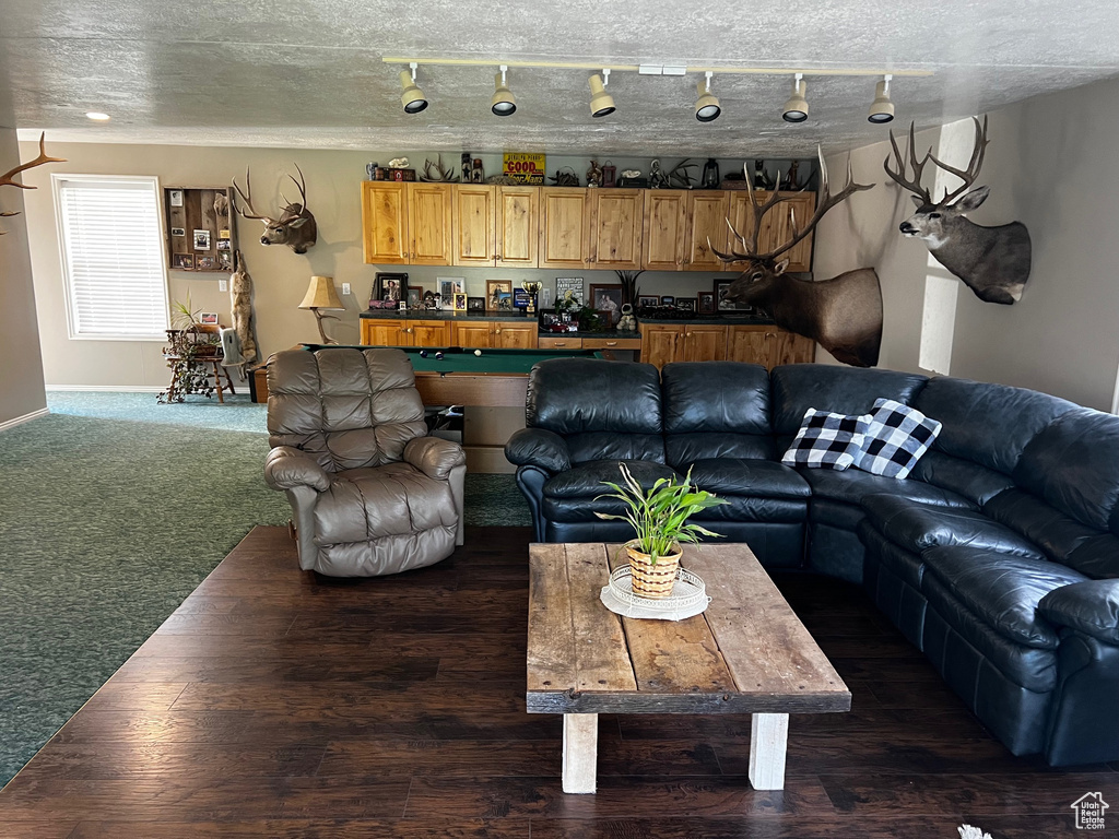 Living room featuring rail lighting and baseboards