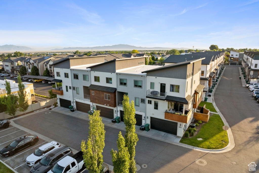 Aerial perspective of suburban area with mountains