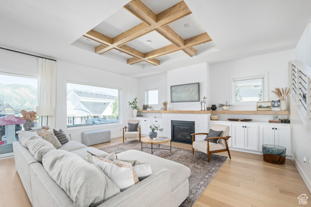 Living area featuring coffered ceiling, a fireplace, beam ceiling, light wood-type flooring, and radiator heating unit