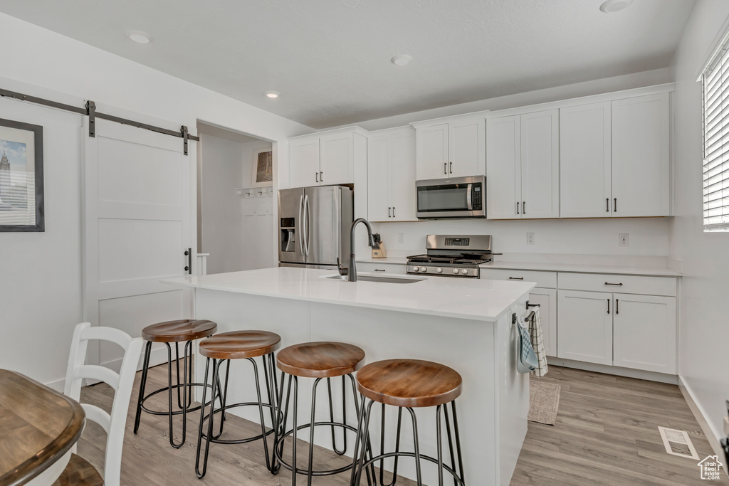 Kitchen with stainless steel appliances, a sink, light wood-style flooring, a barn door, and an island with sink