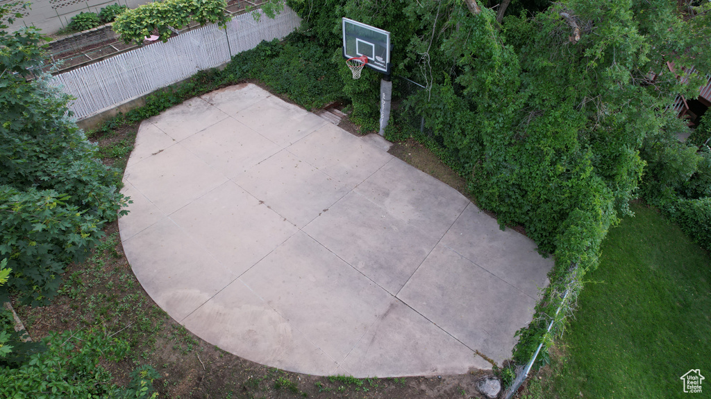 View of patio featuring basketball court