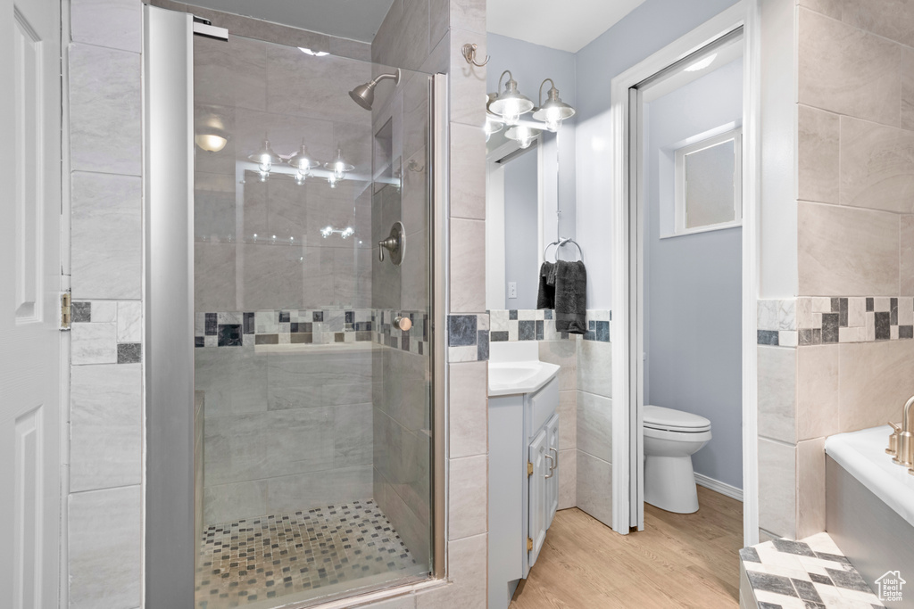 Full bathroom featuring tile walls, a garden tub, a stall shower, vanity, and toilet
