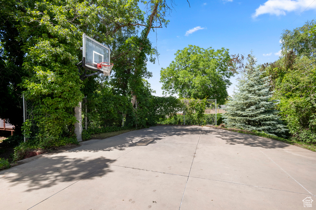 View of patio with basketball hoop