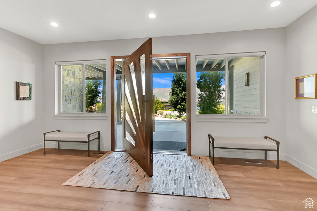 Doorway featuring wood finished floors, recessed lighting, and baseboards