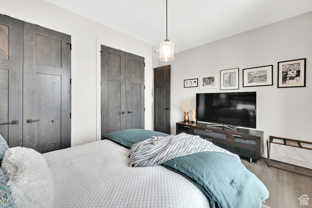 Bedroom with wood finished floors, baseboards, and a closet