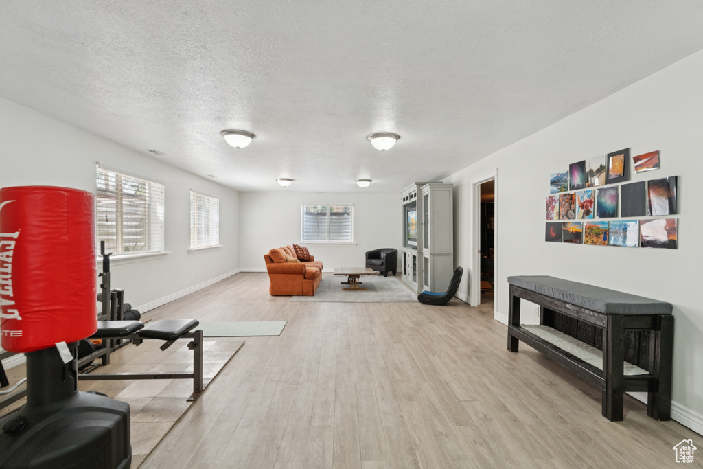 Living room featuring light wood finished floors, baseboards, and a textured ceiling