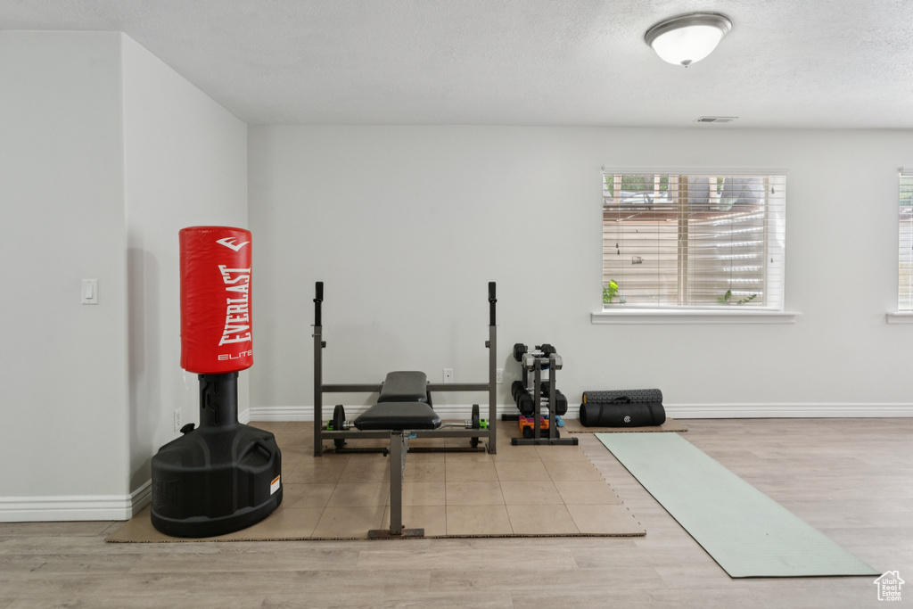 Workout area with healthy amount of natural light, wood finished floors, and baseboards