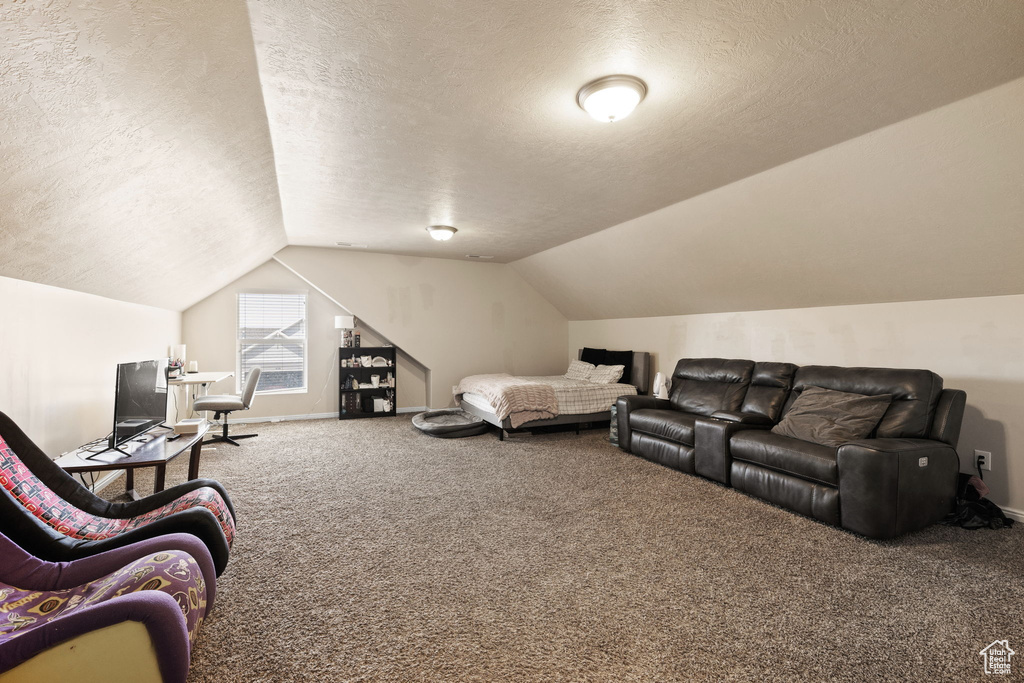 Carpeted living area with a textured ceiling, lofted ceiling, and baseboards