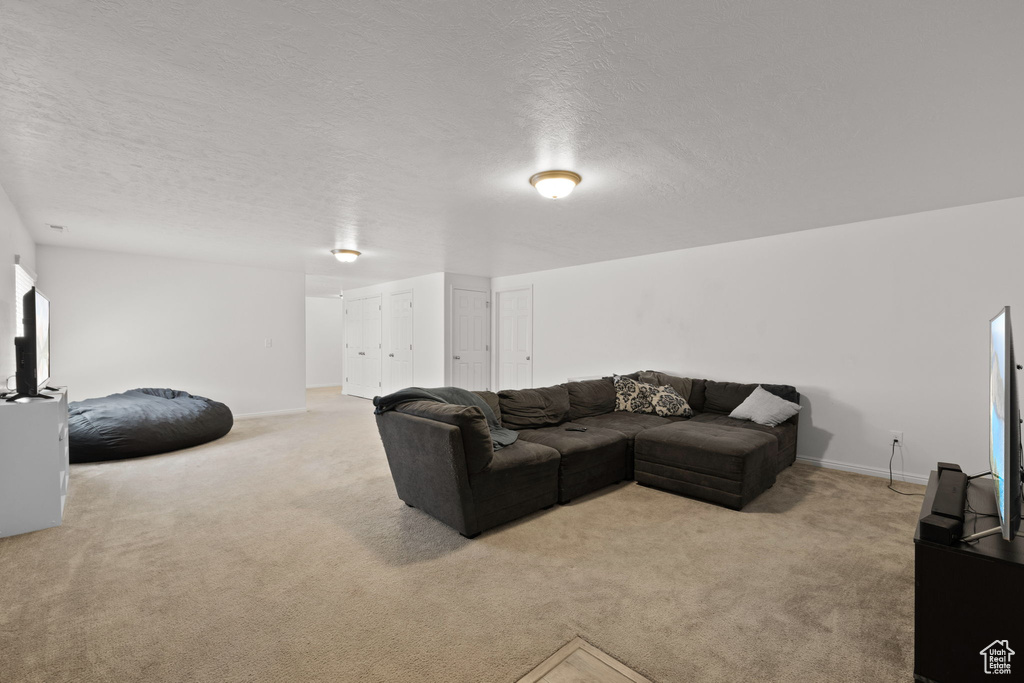 Living room with light carpet, baseboards, and a textured ceiling