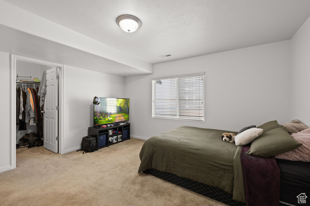Bedroom with carpet flooring, baseboards, a spacious closet, and a closet