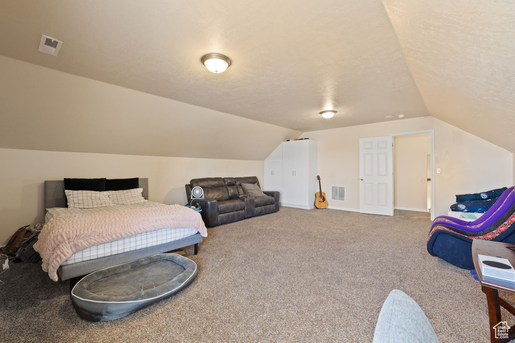 Bedroom featuring vaulted ceiling, carpet floors, a textured ceiling, and baseboards