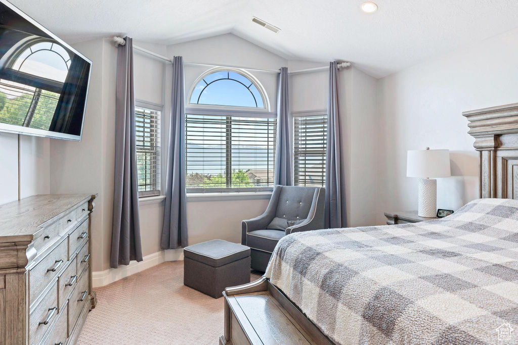 Bedroom featuring light carpet, lofted ceiling, multiple windows, and baseboards