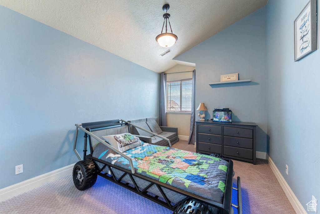 Bedroom featuring lofted ceiling, carpet flooring, baseboards, and a textured ceiling