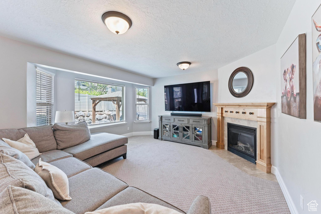 Living area with a fireplace, a textured ceiling, and baseboards