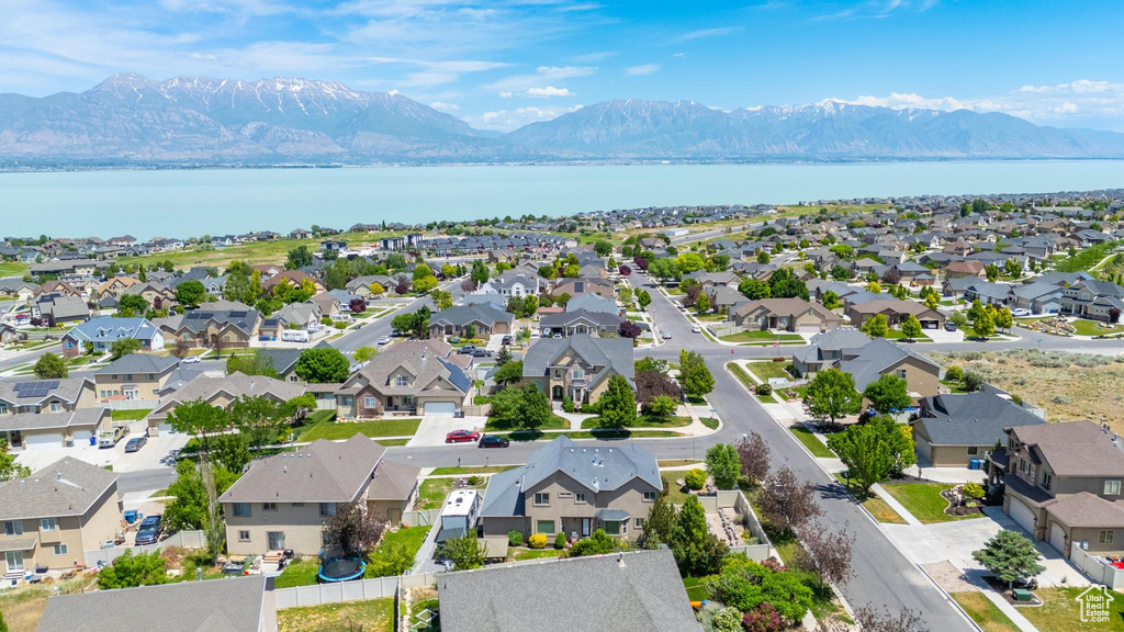 Aerial view of residential area with a water and mountain view
