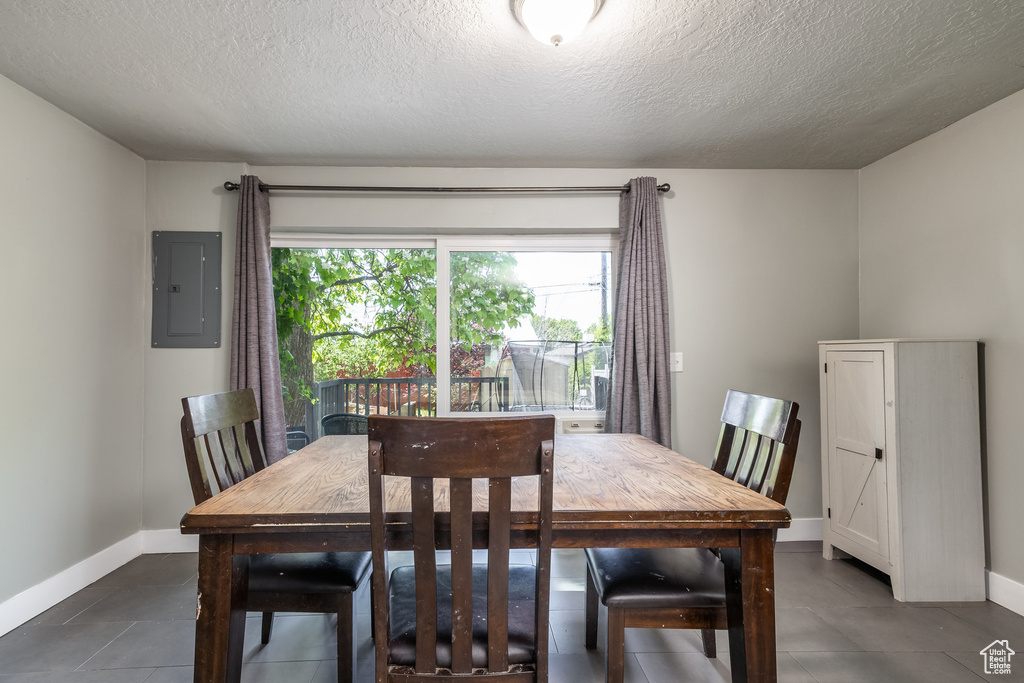 Dining room featuring electric panel, baseboards, and a textured ceiling