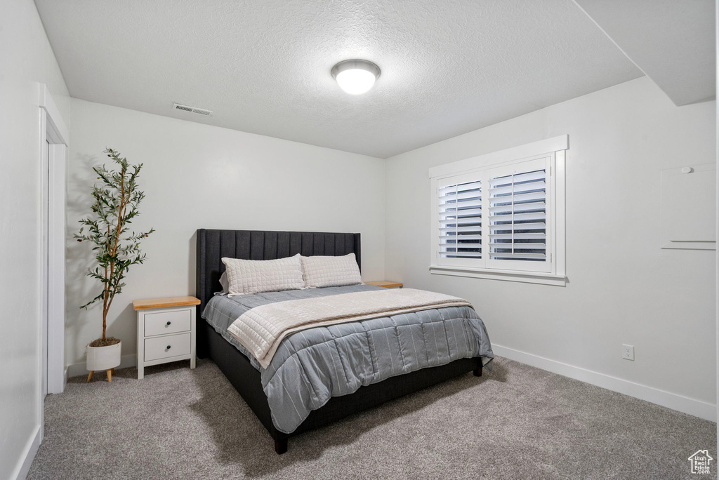 Bedroom with carpet floors, a textured ceiling, and baseboards
