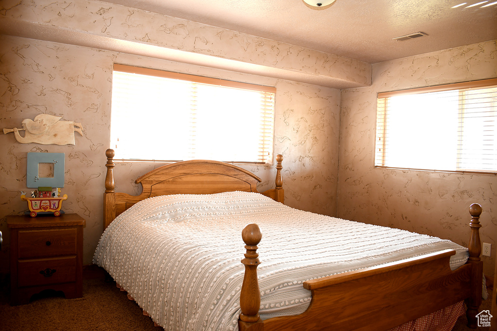 Bedroom featuring multiple windows, carpet flooring, and a textured ceiling