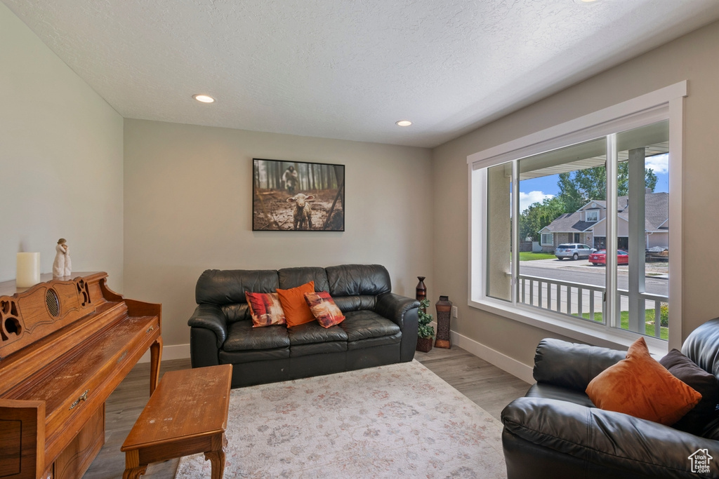 Living area with wood finished floors, baseboards, recessed lighting, and a textured ceiling