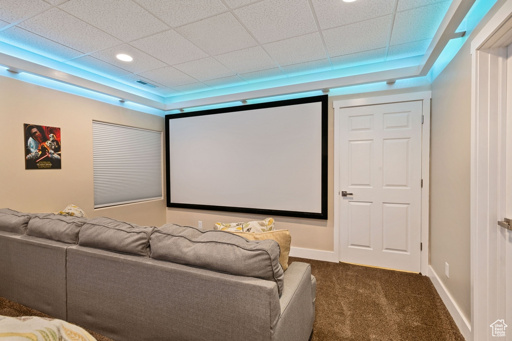 Carpeted home theater with baseboards and a paneled ceiling