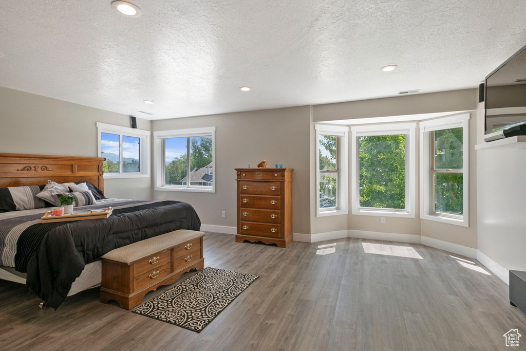 Bedroom with a textured ceiling, baseboards, wood finished floors, and recessed lighting