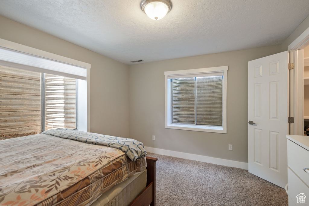 Carpeted bedroom with multiple windows and baseboards