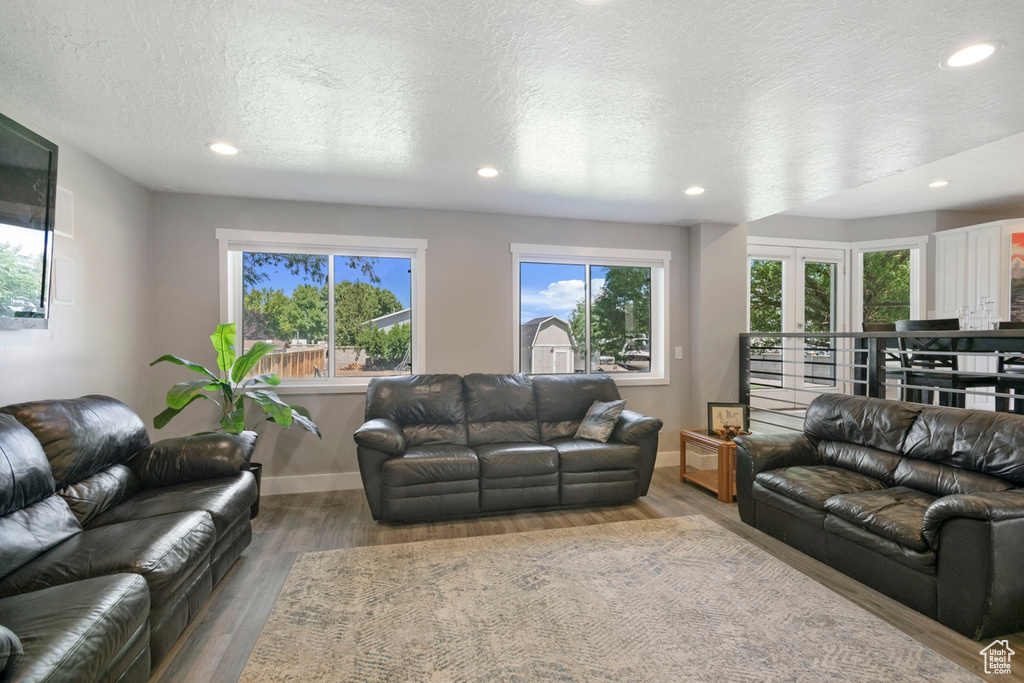 Living room with plenty of natural light, recessed lighting, wood finished floors, baseboards, and a textured ceiling