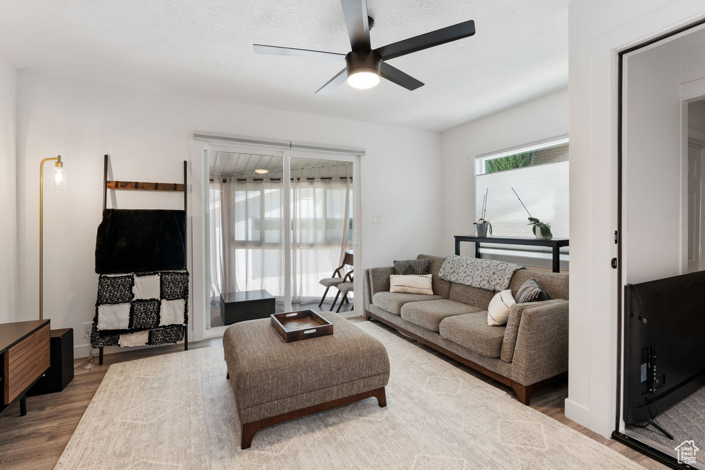 Living room with a ceiling fan and wood finished floors