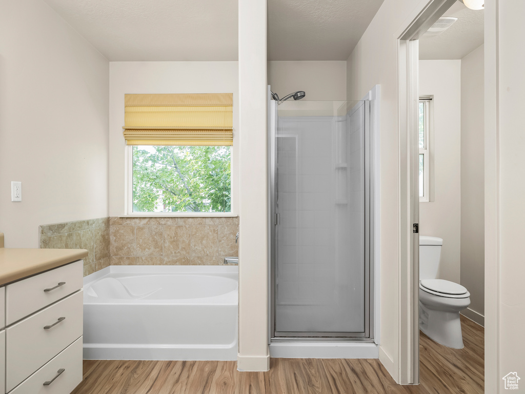 Full bath featuring wood finished floors, a garden tub, toilet, a stall shower, and vanity