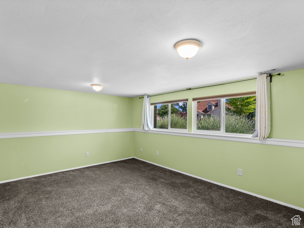Empty room featuring carpet flooring, baseboards, and a textured ceiling