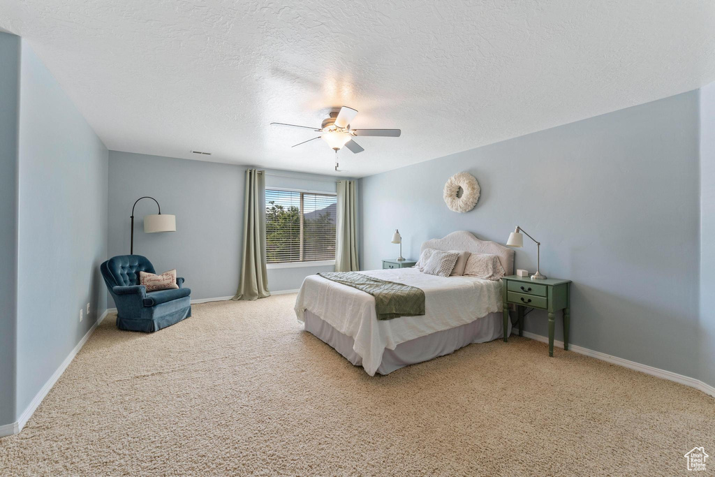 Bedroom featuring carpet floors, a ceiling fan, a textured ceiling, and baseboards