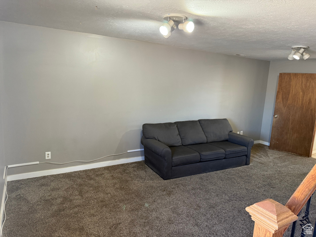 Carpeted living area featuring a textured ceiling