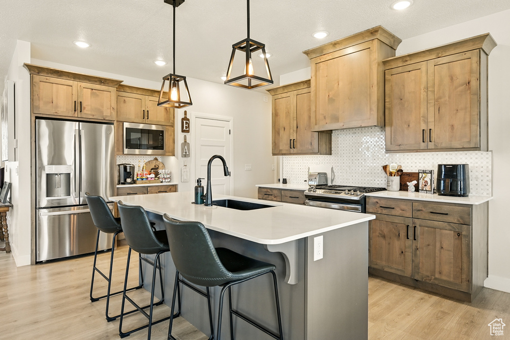 Kitchen featuring appliances with stainless steel finishes, a sink, light wood-style flooring, tasteful backsplash, and an island with sink