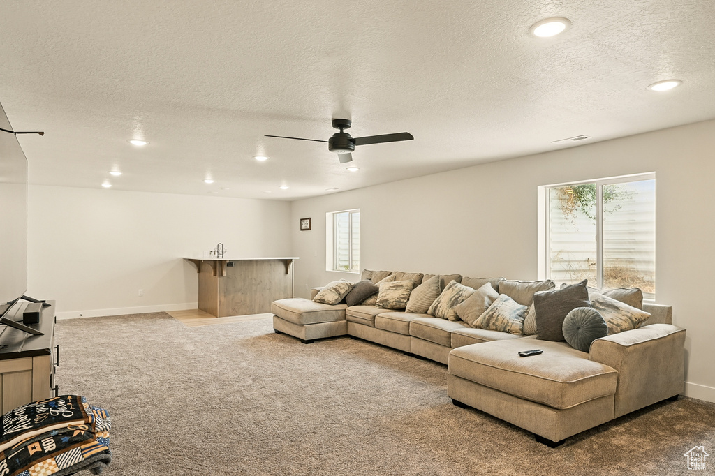 Carpeted living room featuring a textured ceiling, bar, a ceiling fan, healthy amount of natural light, and baseboards
