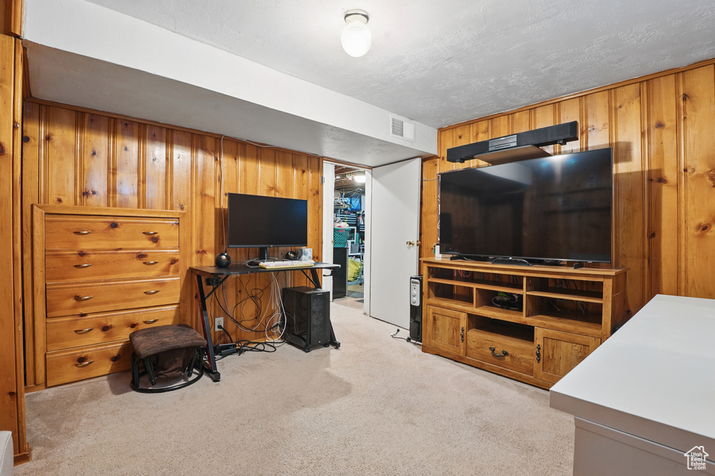 Living room featuring light colored carpet and wood walls