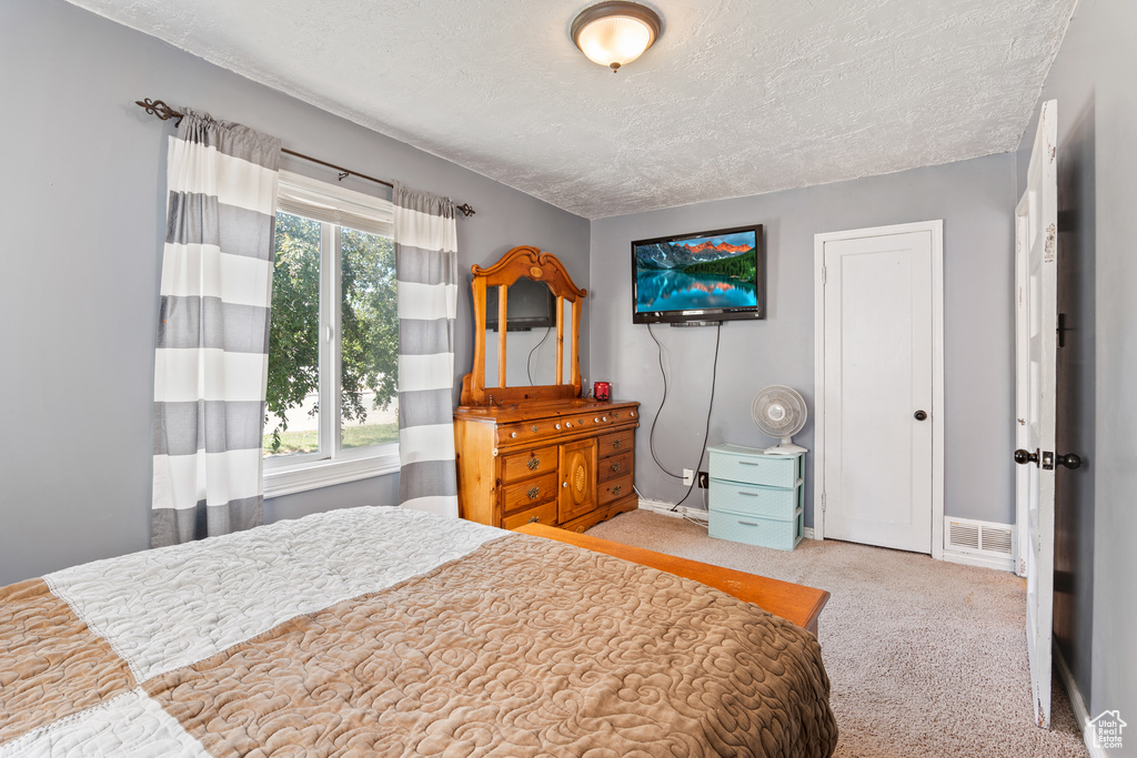 Bedroom featuring carpet, a textured ceiling, and baseboards