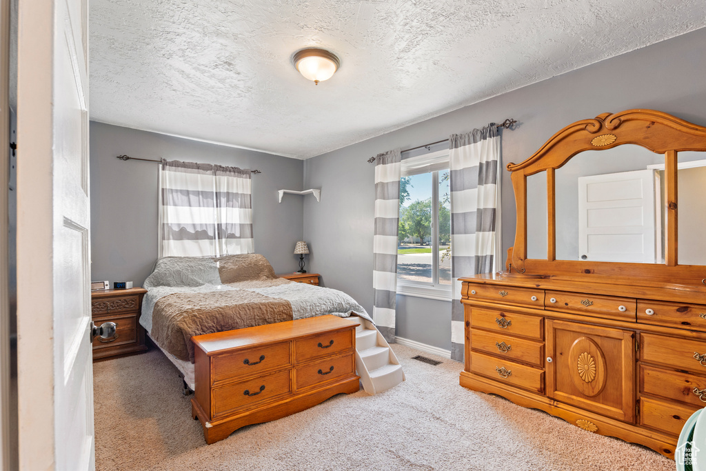 Bedroom featuring light colored carpet and a textured ceiling