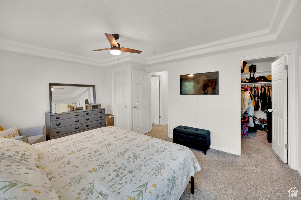 Bedroom featuring a raised ceiling, a spacious closet, light colored carpet, a closet, and ceiling fan