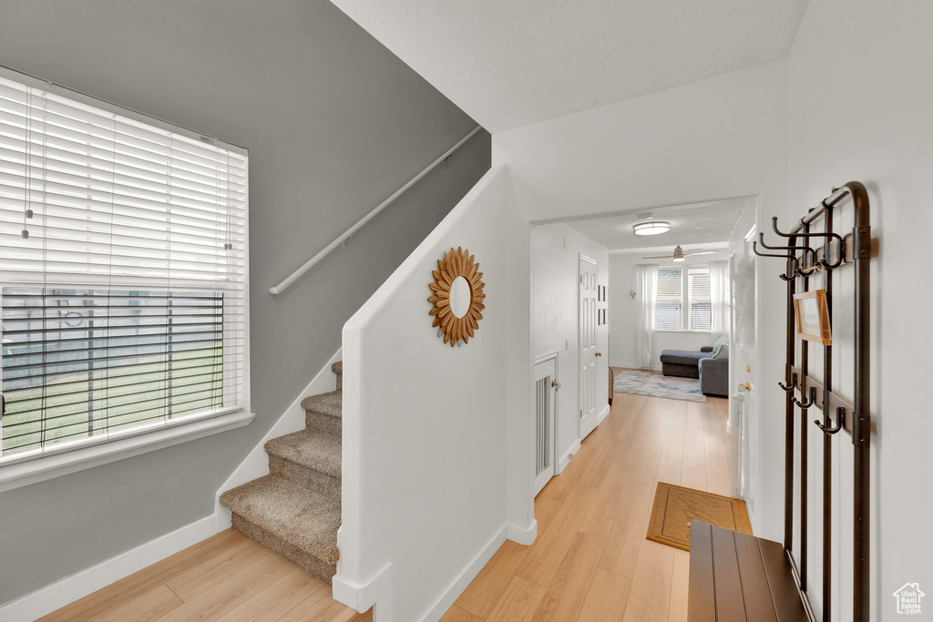 Stairway featuring wood finished floors and baseboards