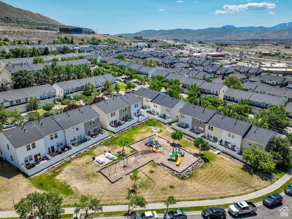 Aerial perspective of suburban area featuring mountains