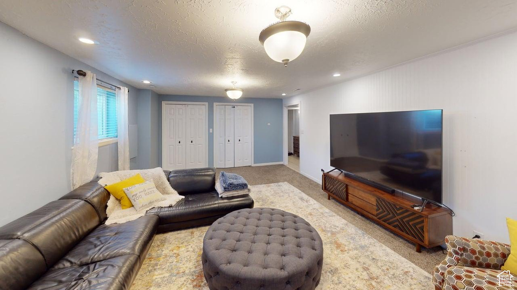 Living area featuring carpet, recessed lighting, a textured ceiling, and baseboards