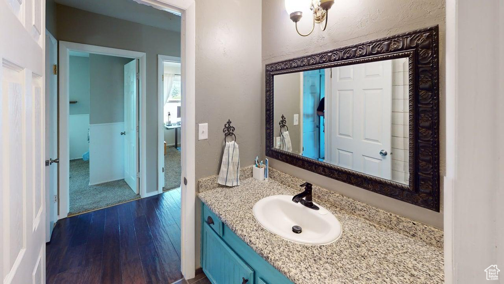 Bathroom with wood finished floors and vanity